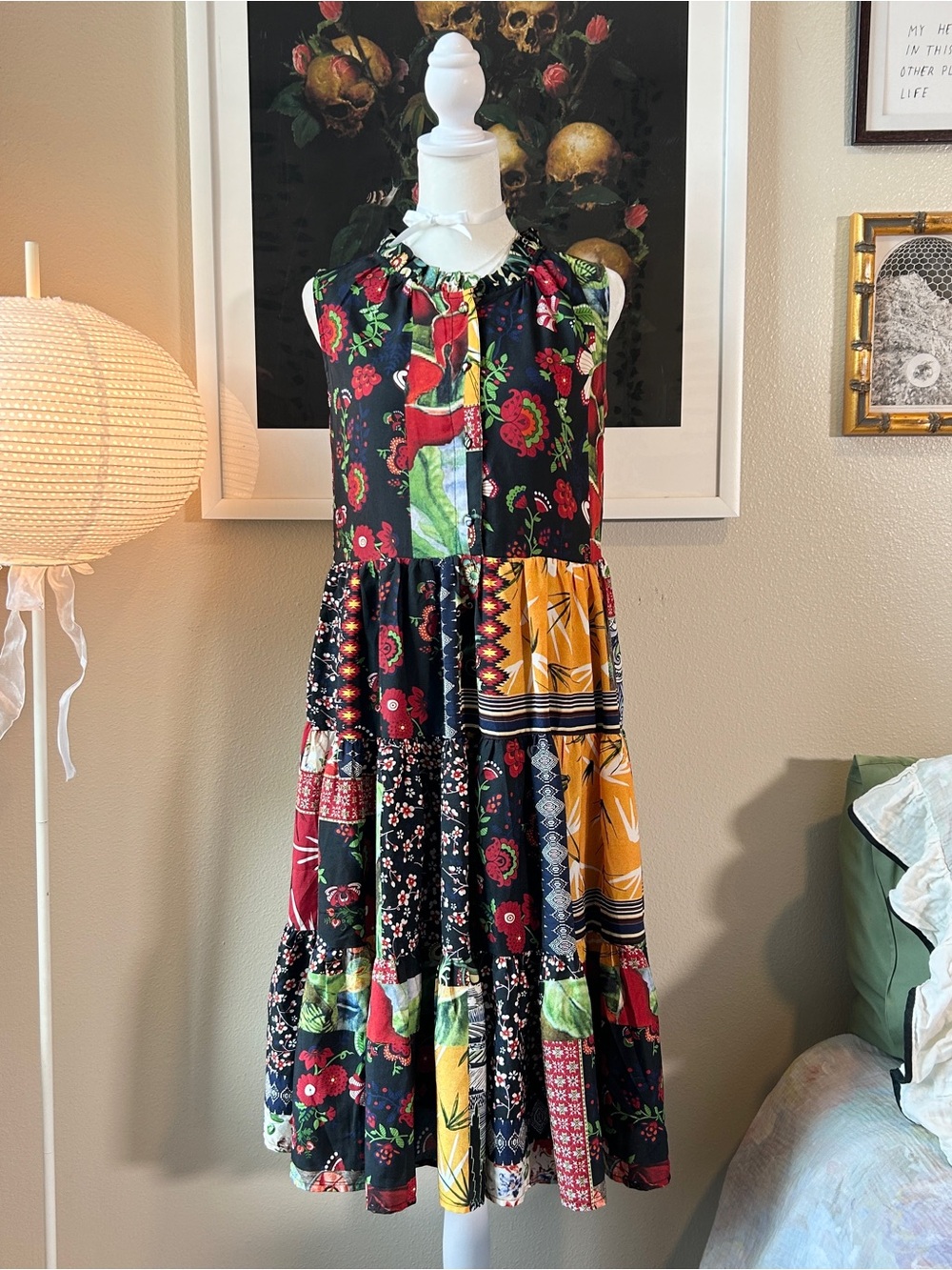 Multicolor Boho Patchwork Sleeveless Ruffle Neck Midi Dress S